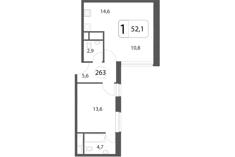 Однокомнатная квартира 52.1 м²