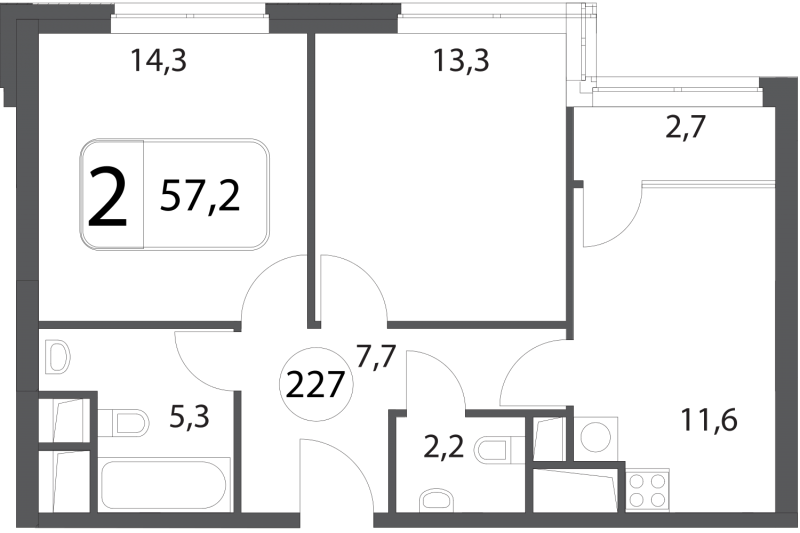 Двухкомнатная квартира 57.2 м²