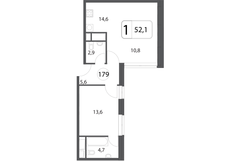 Однокомнатная квартира 52.1 м²
