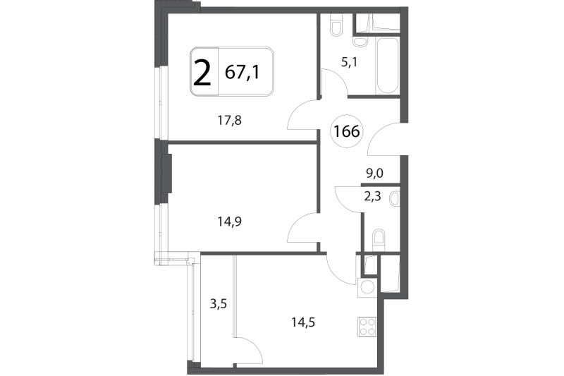 Двухкомнатная квартира 67.1 м²