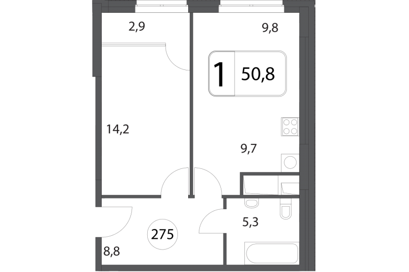 Однокомнатная квартира 50.8 м²