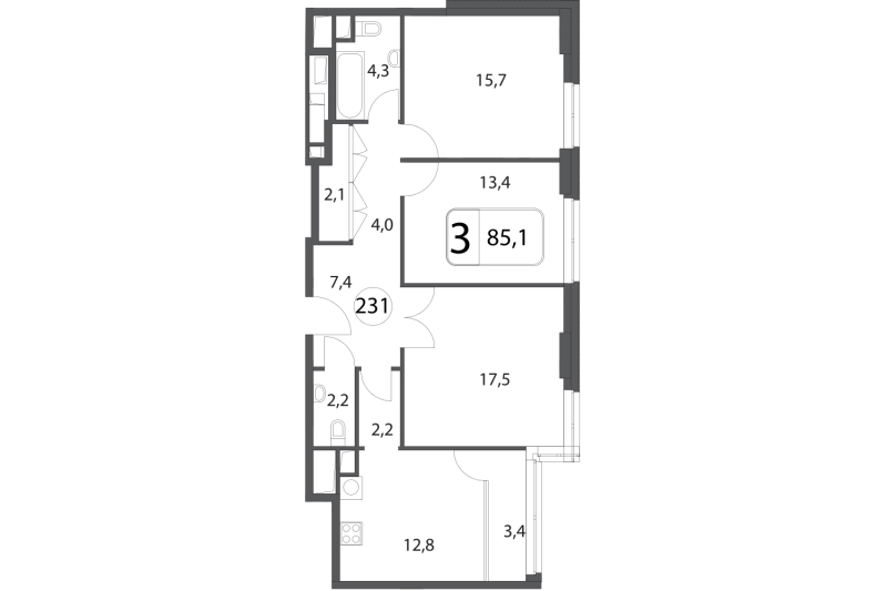 Трёхкомнатная квартира 85.1 м²