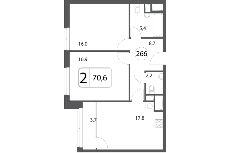 Двухкомнатная квартира 70.6 м²