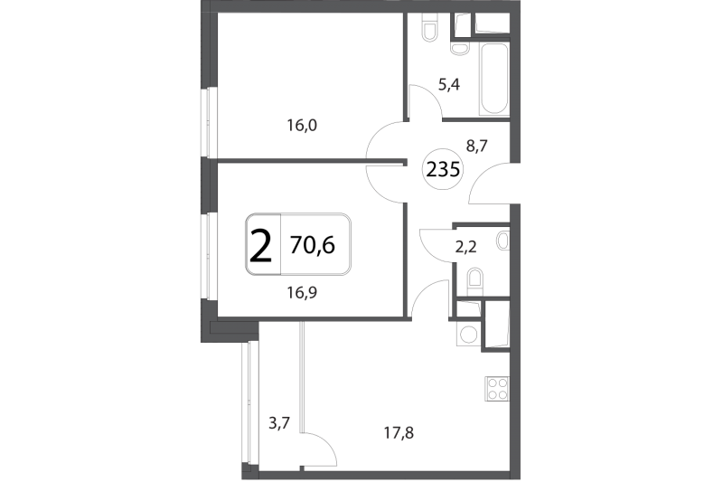 Двухкомнатная квартира 70.6 м²