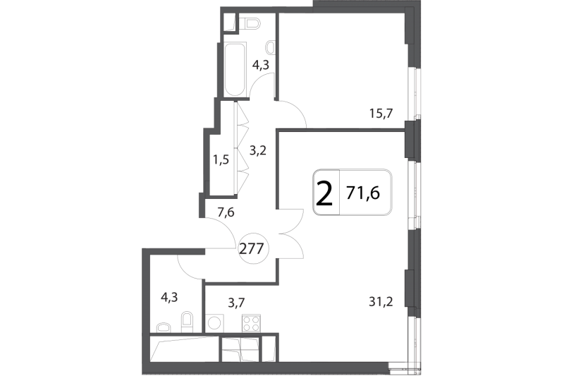 Двухкомнатная квартира 71.6 м²
