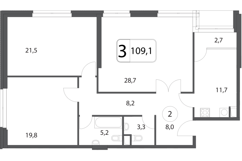 Трёхкомнатная квартира 109.1 м²