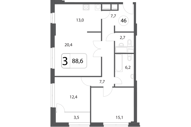 Трёхкомнатная квартира 88.6 м²