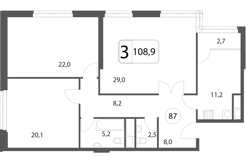 Трёхкомнатная квартира 108.9 м²