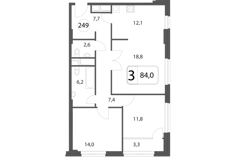 Трёхкомнатная квартира 84 м²